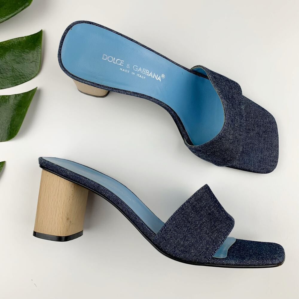 Dolce & Gabbana Dark Blue Denim Slide Sandals with Light Wood Heel